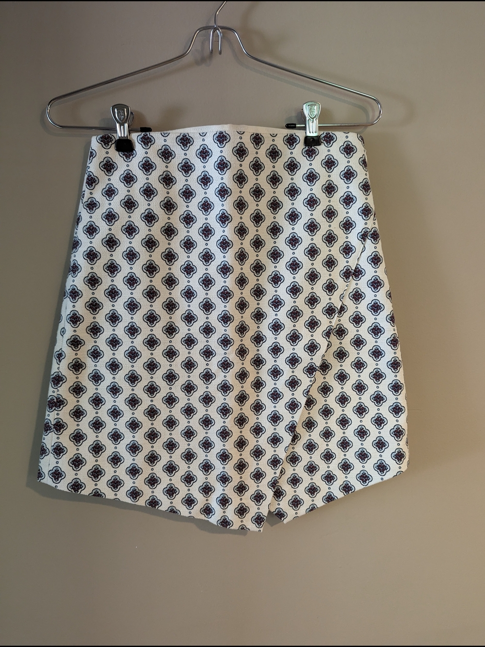 LOFT Cream Mini Skirt with Blue, Red, and Black Medallion Print